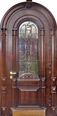 Арочная металлическая дверь массив со стеклом и ковкой ДА-50 в Электрогорске