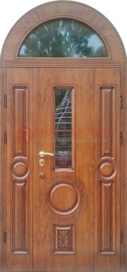 Двустворчатая железная дверь МДФ со стеклом в форме арки ДА-52 в Электрогорске