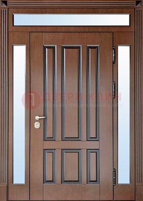 Железная дверь со стеклом и фрамугами в коричневом цвете ДФГ-8 в Электрогорске