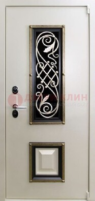 Белая стальная дверь с ковкой со стеклопакетом и МДФ ДК-30 в Электрогорске