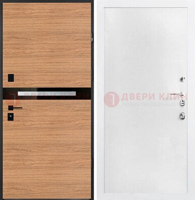 Железная коричневая дверь с МДФ в белом цвете ДМ-313 в Электрогорске