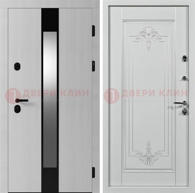 Белая металлическая дверь МДФ с зеркальной вставкой ДМ-324 в Электрогорске