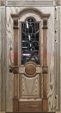 Железная дверь с массивом дуба со стеклом и ковкой ДМД-47 в Электрогорске