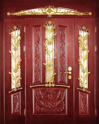 Бордовая железная парадная дверь со стеклом и ковкой ДПР-75 в Электрогорске