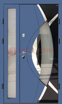 Синяя металлическая дверь со стеклом и узором ДС-13 в Электрогорске
