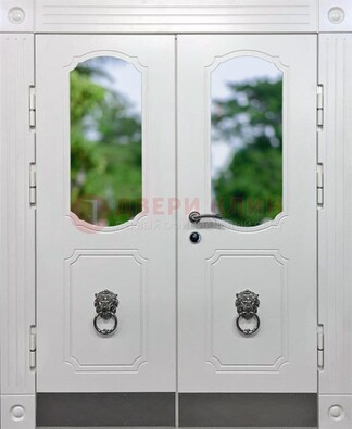 Белая двухстворчатая железная дверь со стеклом ДС-22 в Электрогорске