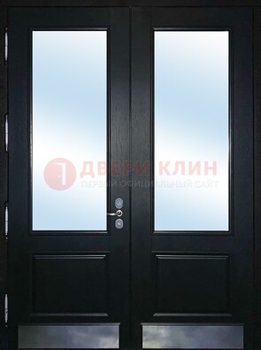 Черная двухстворчатая металлическая дверь со стеклом ДС-25 в Электрогорске