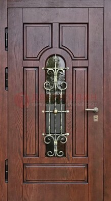 Cтальная дверь со стеклом и ковкой в коричневом цвете ДСК-119 в Электрогорске
