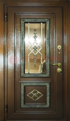 Теплая входная дверь со стеклом и ковкой разноцветной ДСК-13 в Электрогорске