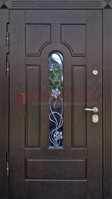 Металлическая дверь со стеклом и ковкой в цвете венге ДСК-142 в Электрогорске
