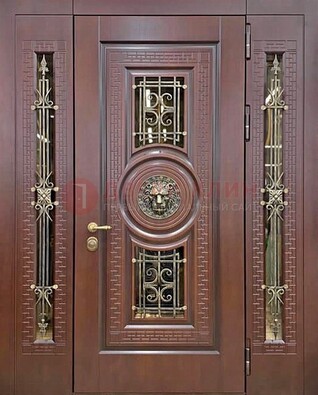 Коричневая стальная дверь со стеклом и ковкой ДСК-147 с фрамугами в Электрогорске