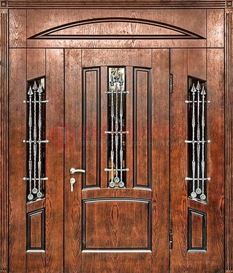 Стальная дверь со стеклом и ковкой с фрамугами ДСК-149 коричневая в Электрогорске