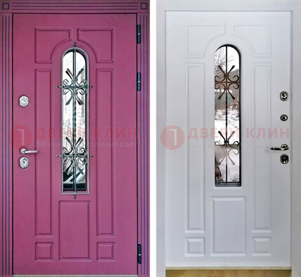 Розовая металлическая дверь со стеклом и ковкой ДСК-151 в Электрогорске