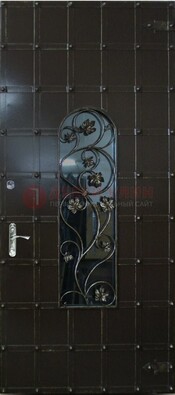 Высокая железная дверь со стеклом и ковкой ДСК-15 в Электрогорске