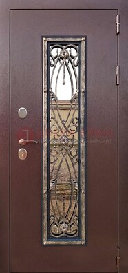 Коричневая стальная дверь порошок со стеклом и ковкой для дома ДСК-169 в Электрогорске