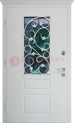 Белая металлическая дверь винорит со стеклом и ковкой ДСК-184 в Электрогорске