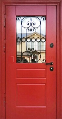 Красная железная дверь Винорит со стеклом и ковкой ДСК-205 в Электрогорске