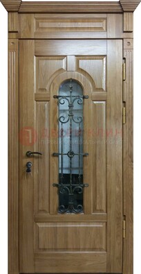 Металлическая дверь массив со стеклом и ковкой для дома ДСК-246 в Электрогорске