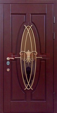 Бордовая стальная дверь Винорит со стеклом и ковкой ДСК-263 в Электрогорске