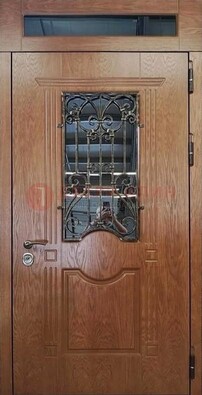 Металлическая входная дверь со стеклом и ковкой для дома ДСК-96 в Электрогорске