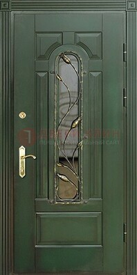Железная дверь со стеклом и ковкой ДСК-9 для офиса в Электрогорске