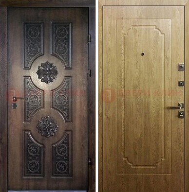 Железная коричневая дверь с виноритом и Золотой дуб внутри ДВТ-101 в Электрогорске