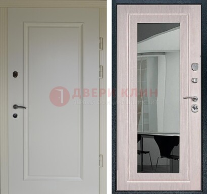 Стальная светлая дверь c МДФ Белый дуб с зеркалом ДЗ-102 в Куровском
