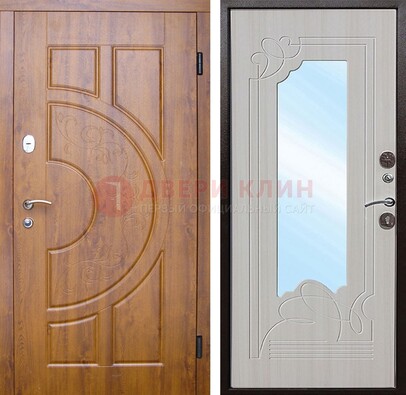 Коричневая металлическая дверь c МДФ с узором и зеркалом ДЗ-105 в Электрогорске
