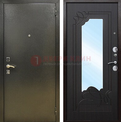 Железная темная дверь c порошковым напылением и МДФ с узором и зеркалом ДЗ-111 в Электрогорске