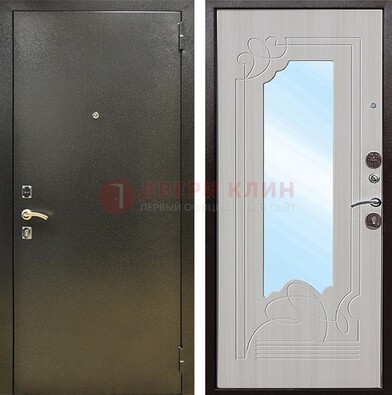 Входная темно-серая дверь c порошковым покрытием и МДФ с резьбой и зеркалом ДЗ-113 в Чебоксарах