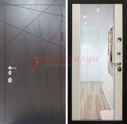 Железная коричневая дверь со светлой МДФ внутри и зеркалом ДЗ-125 в Электрогорске