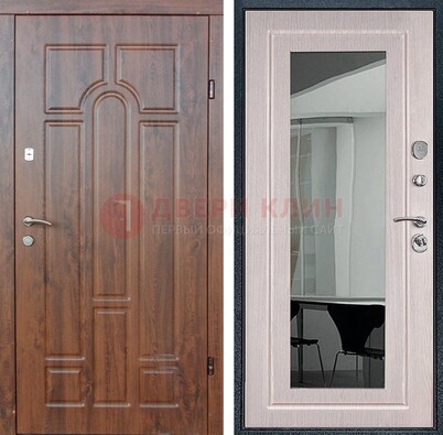 Входная коричневая дверь с МДФ Белый дуб и зеркалом ДЗ-126 в Электрогорске
