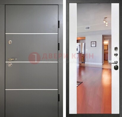 Темная коричневая входная дверь с зеркалом МДФ белая внутри ДЗ-131 в Электрогорске