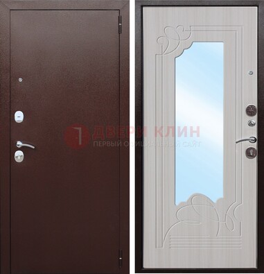 Коричневая металлическая дверь с зеркалом МДФ внутри ДЗ-33 в Электрогорске