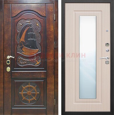 Темная уличная дверь с резьбой и зеркалом внутри ДЗ-49 в Электрогорске
