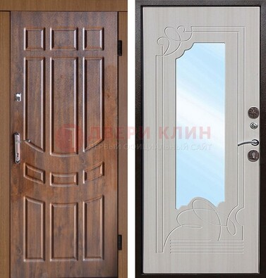 Коричневая уличная дверь c виноритом и терморазрывом МДФ Беленый дуб  с зеркалом ДЗ-97 в Кудрово