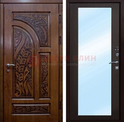Коричневая входная дверь c узором и виноритом МДФ с зеркалом ДЗ-98 в Электрогорске
