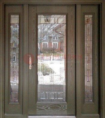 Коричневая стальная дверь с массивом дуба с витражом ВЖ-16 в Видном
