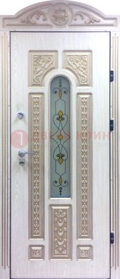 Белая железная дверь с МДФ и витражом ВЖ-26 в Электрогорске
