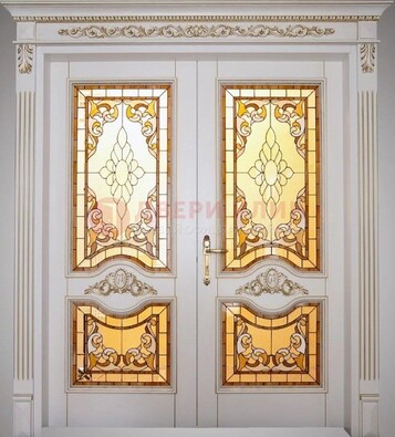 Элитная металлическая дверь с витражом и отделкой массив ВЖ-4 в Видном