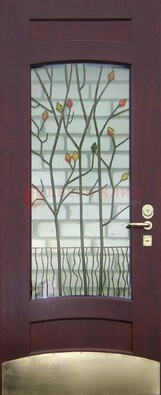 Бордовая стальная дверь с витражом и декоративным элементом ВЖ-3 в Электрогорске